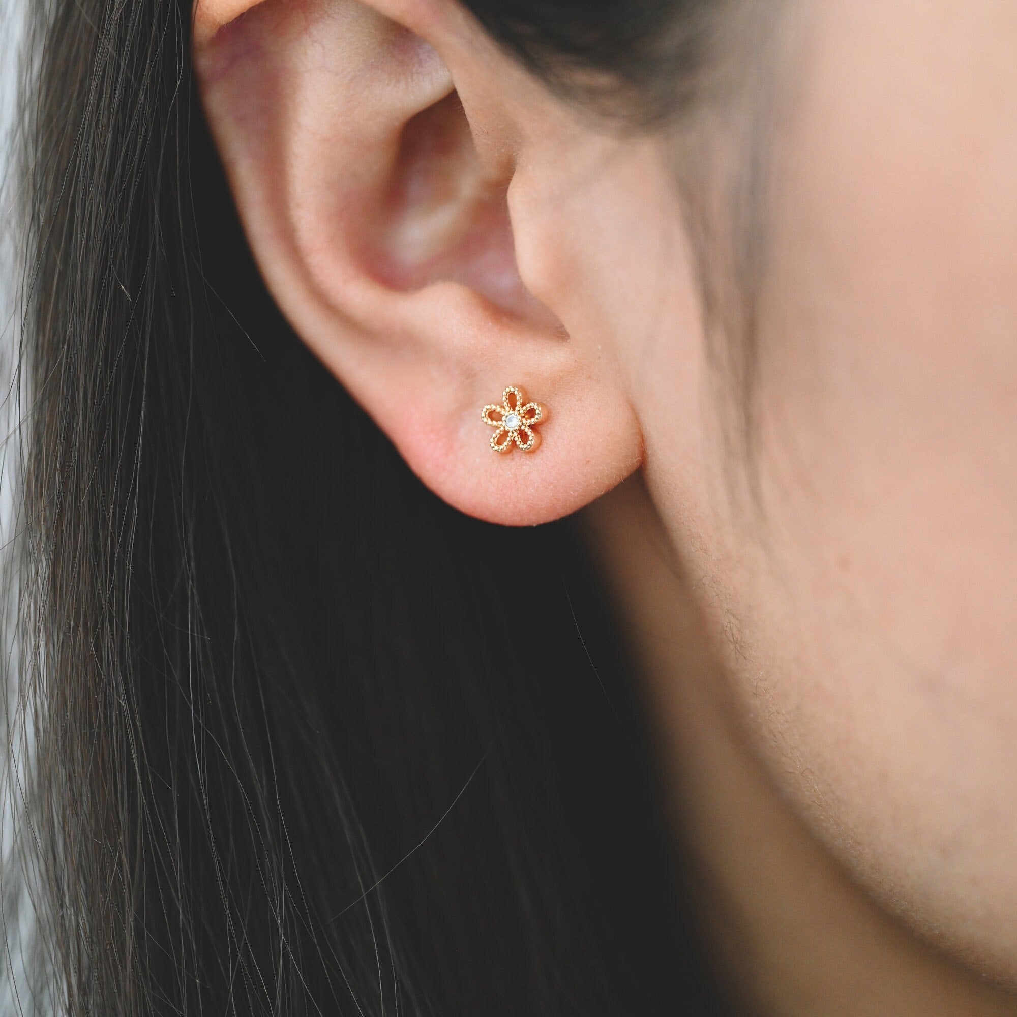 10pcs CZ Pave Gold/ Silver Flower Ear Posts 6mm, Gold/ Rhodium Plated Brass Stud Earrings, DIY Ear Findings (GB-3381-D)
